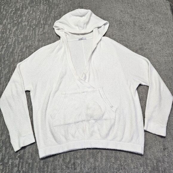 Stateside Tops - Stateside Womens Deep V‎ Neck Ribbed French Terry Hoodie Sweatshirt White Sz. L